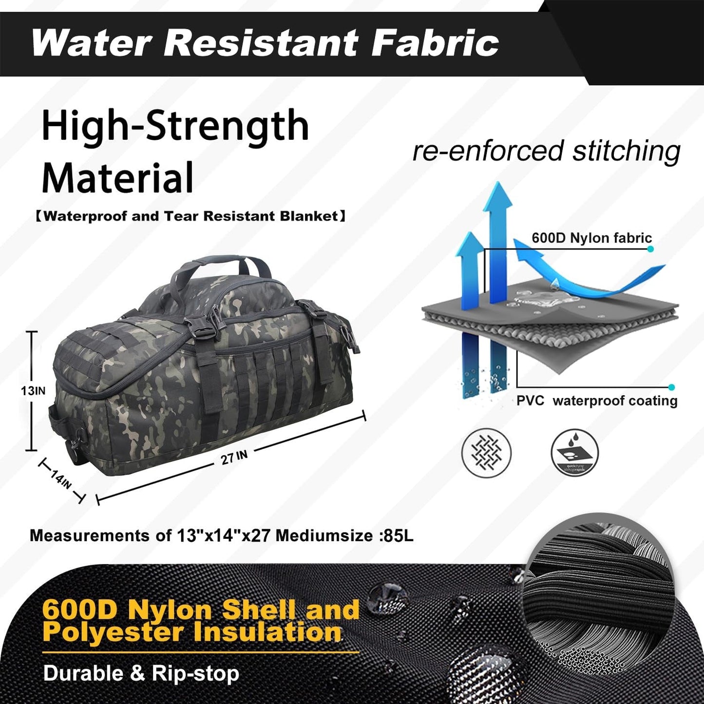 3 In 1 Military Backpack Travel Duffle Bag For Weekender Gym Traveling Workout Deployment - Recomp1