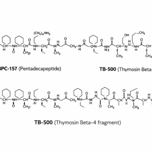 BPC-157 and TB-500 peptide molecular structures, 2D chemical diagrams of pentadecapeptide and Thymosin Beta-4 fragment research compounds