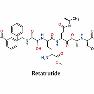 2D molecular structure diagram of Retatrutide peptide, showing chemical bonds, functional groups, and atomic composition in a clean schematic format for scientific and research reference.