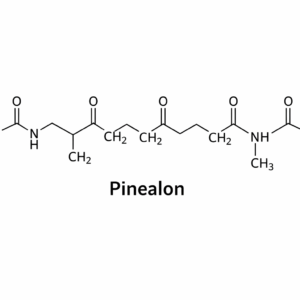2D molecular structure of Pinealon peptide showing its amino acid sequence with labeled chemical bonds, including acetyl group, L-glutamic acid, L-lysine, and L-alanine, for research purposes.
