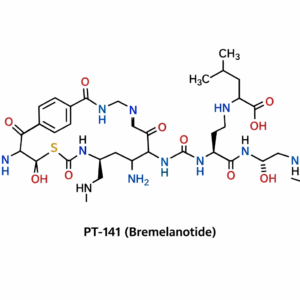 2D molecular structure of PT-141 (Bremelanotide) peptide, showing the chemical bond layout and amino acid sequence used in laboratory research.