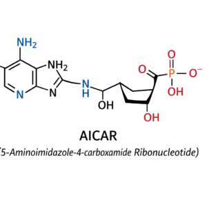 2D molecular structure of AICAR (5-Aminoimidazole-4-carboxamide Ribonucleotide) showing the imidazole ring, ribose sugar, and phosphate group in black and white.