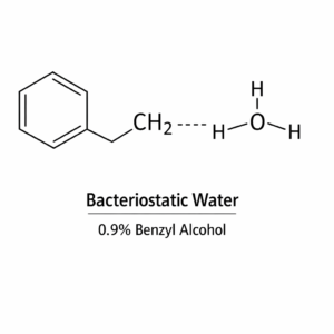 2D molecular structure of bacteriostatic water showing benzyl alcohol (C7H7OH) on the left and water (H2O) on the right, with 0.9% benzyl alcohol concentration indicated, black and white line diagram.