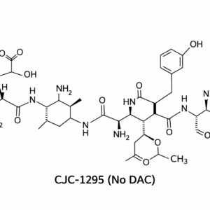 2D molecular structure of CJC-1295 (No DAC) peptide showing the skeletal chemical formula, peptide bonds, and functional groups in a black-and-white scientific diagram used for peptide and biochemical research.