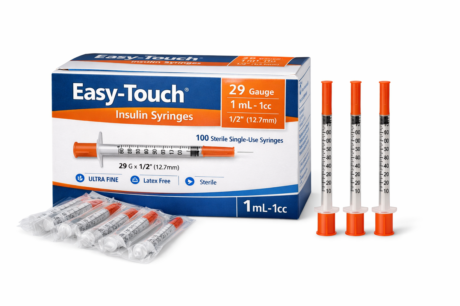 Easy-Touch Insulin Syringes, 29 Guage, 1 mL / 1CC, 1/2-inch, 12.7 mm, 100 count